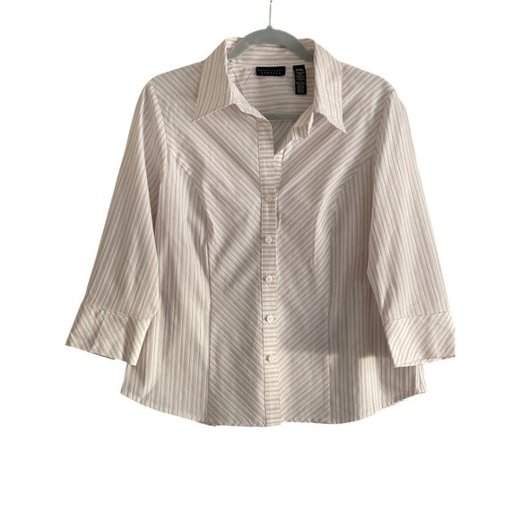 VTG Apostrophe Shirt Stripe Maroon White Gold 3/4 Sleeve Button Front Blouse Str - Picture 2 of 14